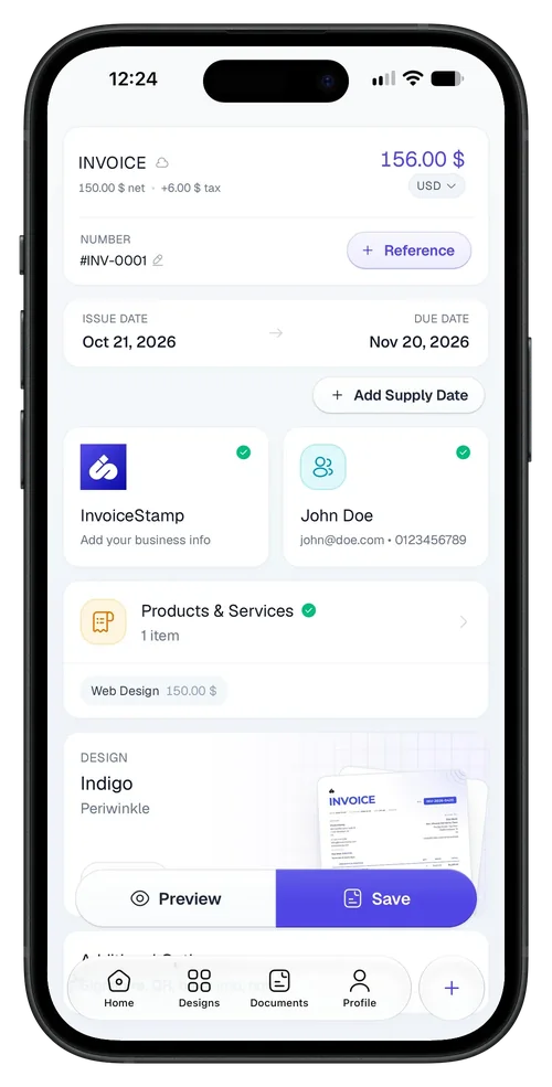 The InvoiceStamp app's invoice editor on an iPhone