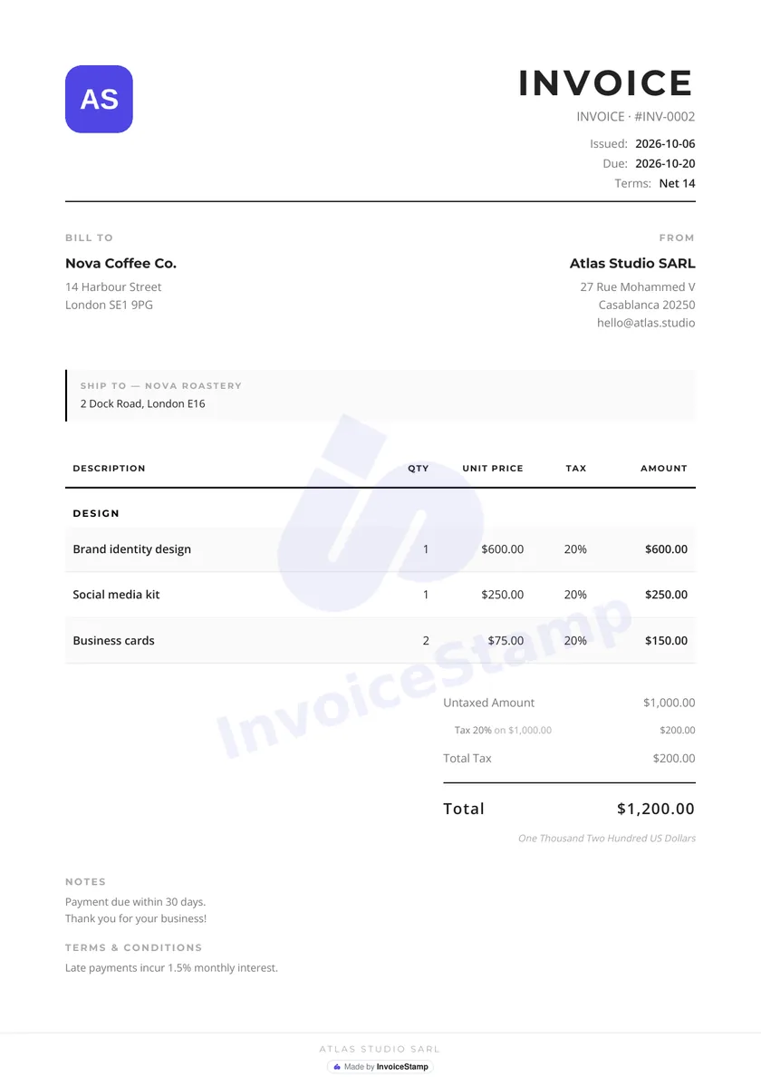 An invoice made with the free generator, in the Minimalist design